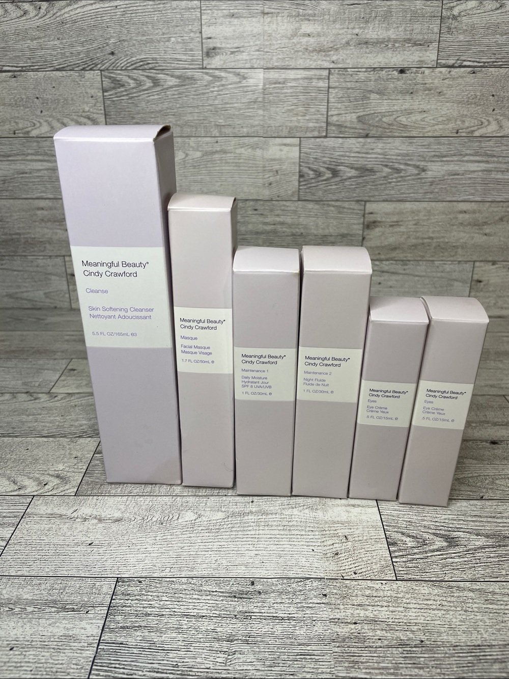 Meaningful Beauty by Cindy Crawford skincare products, featuring a 6-piece set